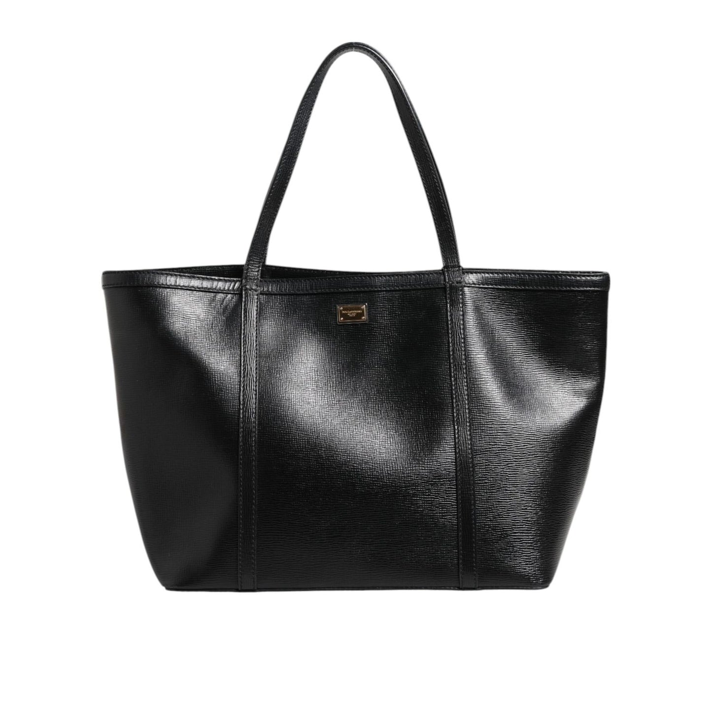 Dolce & Gabbana Black Leather Miss Escape Shopping Tote Women Borse Bag with gold detailing, elegant Italian design.