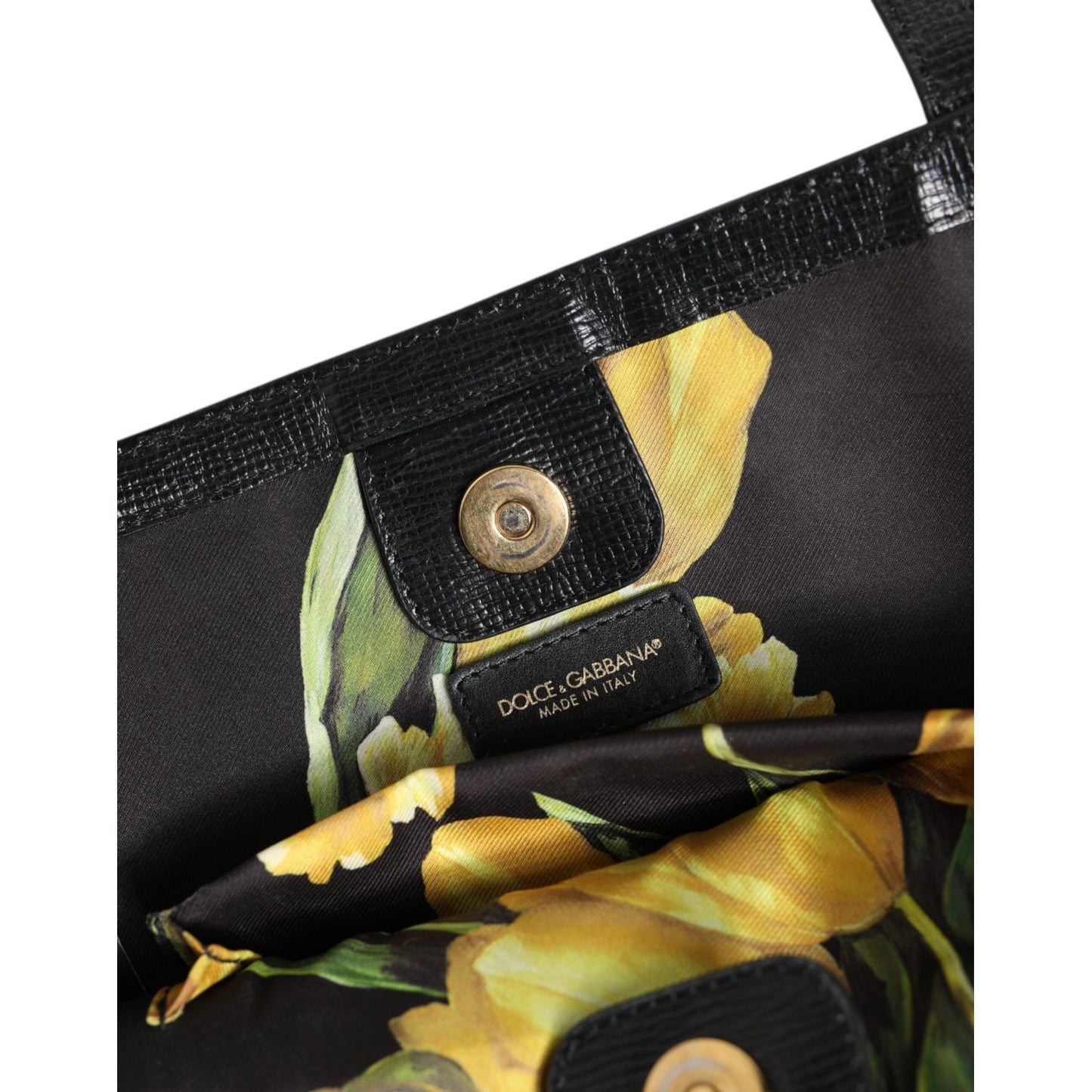 Interior view of Dolce & Gabbana Black Leather Miss Escape Shopping Tote Women Borse Bag with floral lining and magnetic closure.