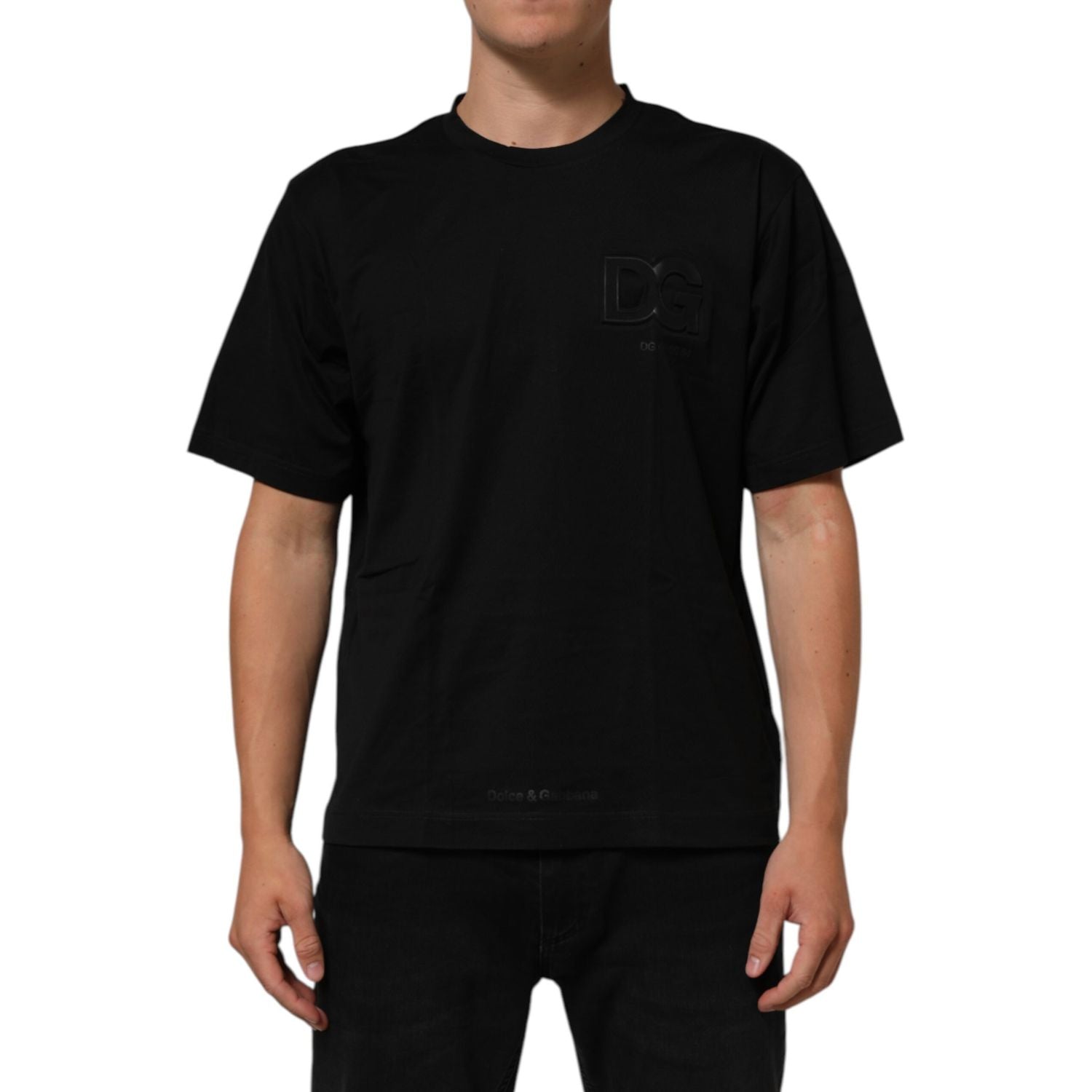 Dolce & Gabbana Black Logo Patch Cotton Men Crew Neck T-shirt