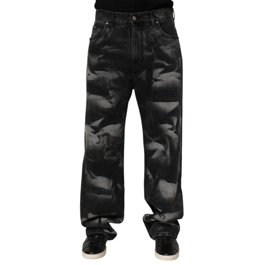 Dolce & Gabbana Black Marbled Effect Straight Men Denim Jeans showcasing unique marbled design and comfortable fit for casual style.