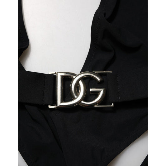 Dolce & Gabbana Black Nylon Deep V-Neck One Piece Swimwear with DG logo belt detail