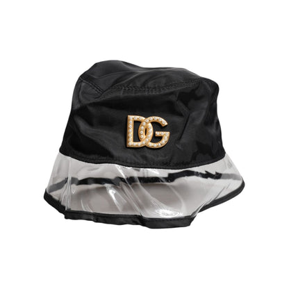 Dolce & Gabbana Black Nylon PVC DG Logo Bucket Hat for women, featuring iconic logo details, made with nylon and transparent PVC.