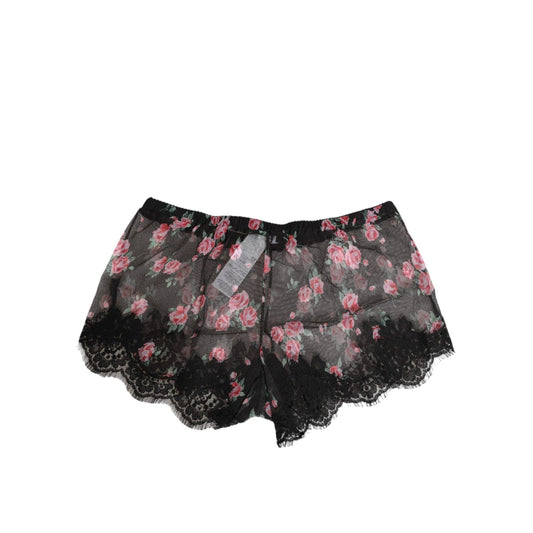 Dolce & Gabbana Black Pink Floral Lace Mesh Lingeri Underwear pajama shorts with black lace trim and pink floral print.