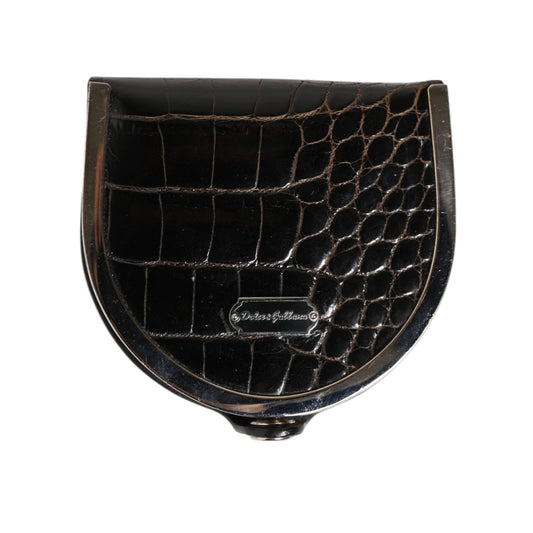 Dolce & Gabbana Black Polished Crocodile Leather Mens Coin Purse Wallet with metal snap closure, crafted from genuine alligator leather.