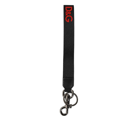 Dolce & Gabbana Black Red Logo Polyester Brass Holder Keychain Keyring with luxury design accents.
