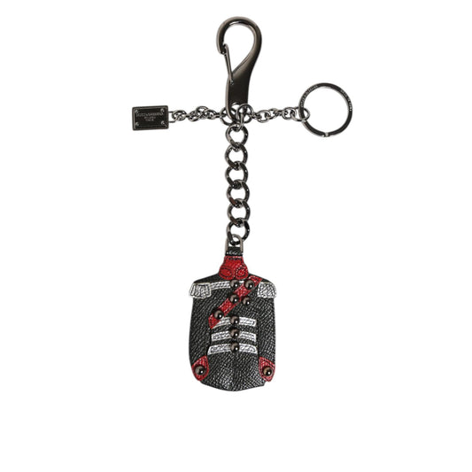 Dolce & Gabbana Black Red Military Leather Patch DG Logo Keychain Keyring with silver-tone hardware