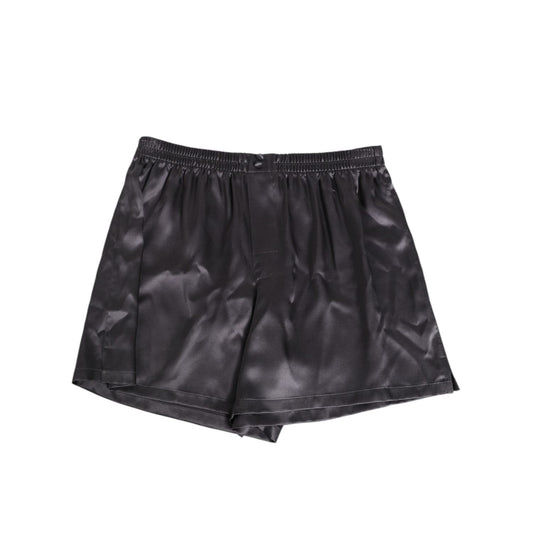Dolce & Gabbana Black Satin Silk Elastic Men Boxer Short Swimwear with luxurious finish and classic design, featuring logo details.