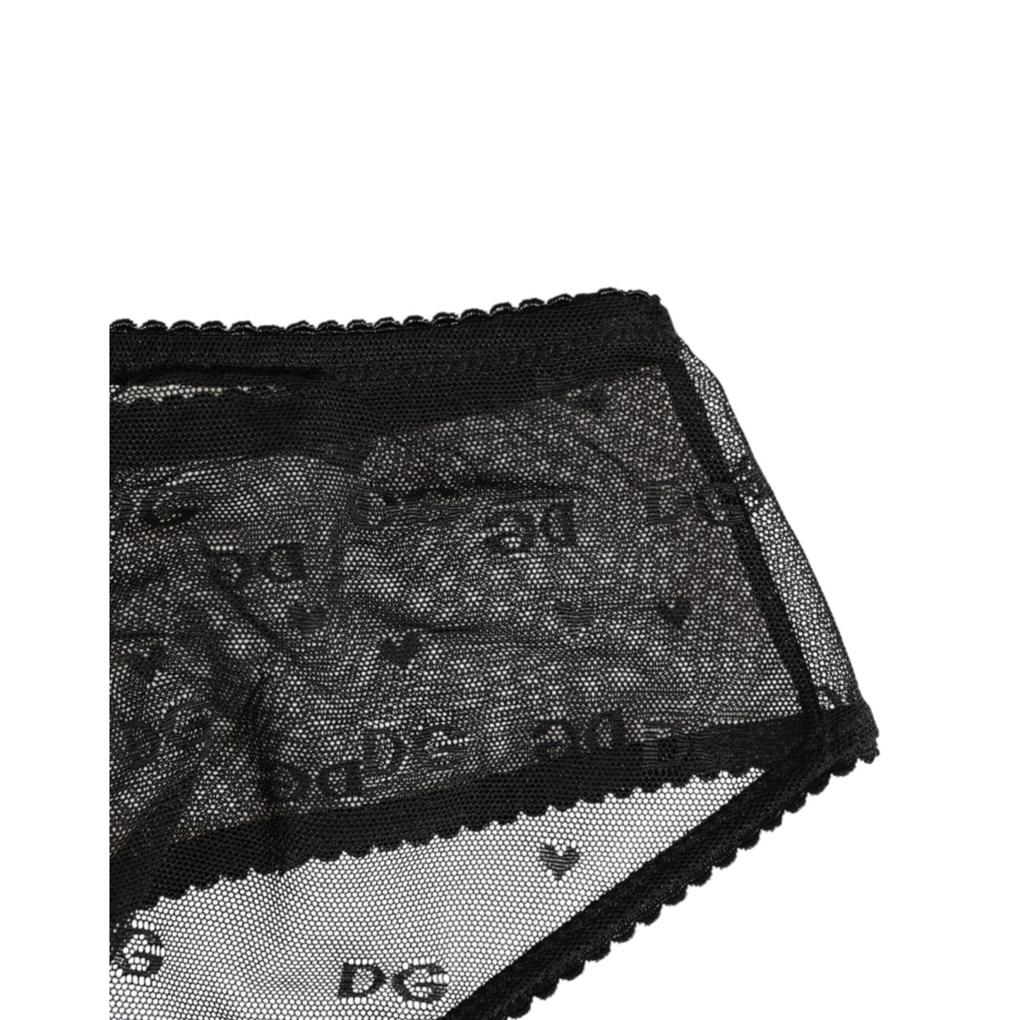 Dolce & Gabbana Black Sheer Mesh Lace Polka Dot Logo Underwear with DG logo on black fabric. High-waist briefs with elegant finish.