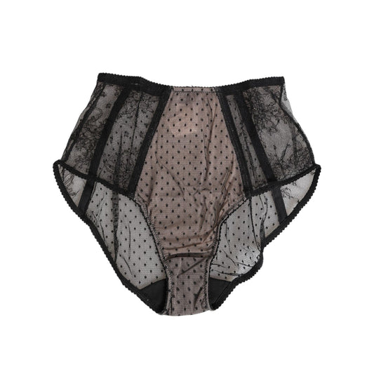 Dolce & Gabbana Black Sheer Polka Dot Lace High Waist Underwear, elegant lace design with black polka dot mesh, crafted in Italy.
