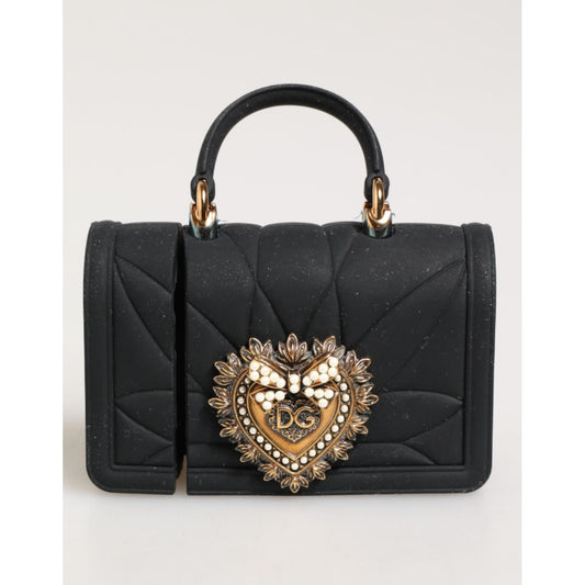 Dolce & Gabbana Black Silicone Devotion Heart Cover Hand Bag Airpod Case with quilted effect and gold logo plaque.
