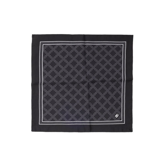 Dolce & Gabbana Black Silk Pocket Square with geometric print and logo, made in Italy, size 32x32 cm.