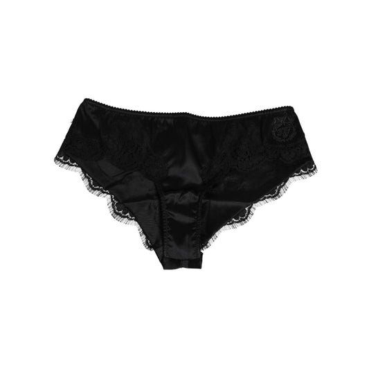 Dolce & Gabbana Black Silk Satin Floral Lace Panty Brief Underwear with delicate lace trim, 80% silk, crafted in Italy.