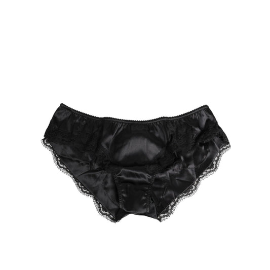 Dolce & Gabbana Black Silk Satin Lace Trim Panty Underwear featuring elegant lace details