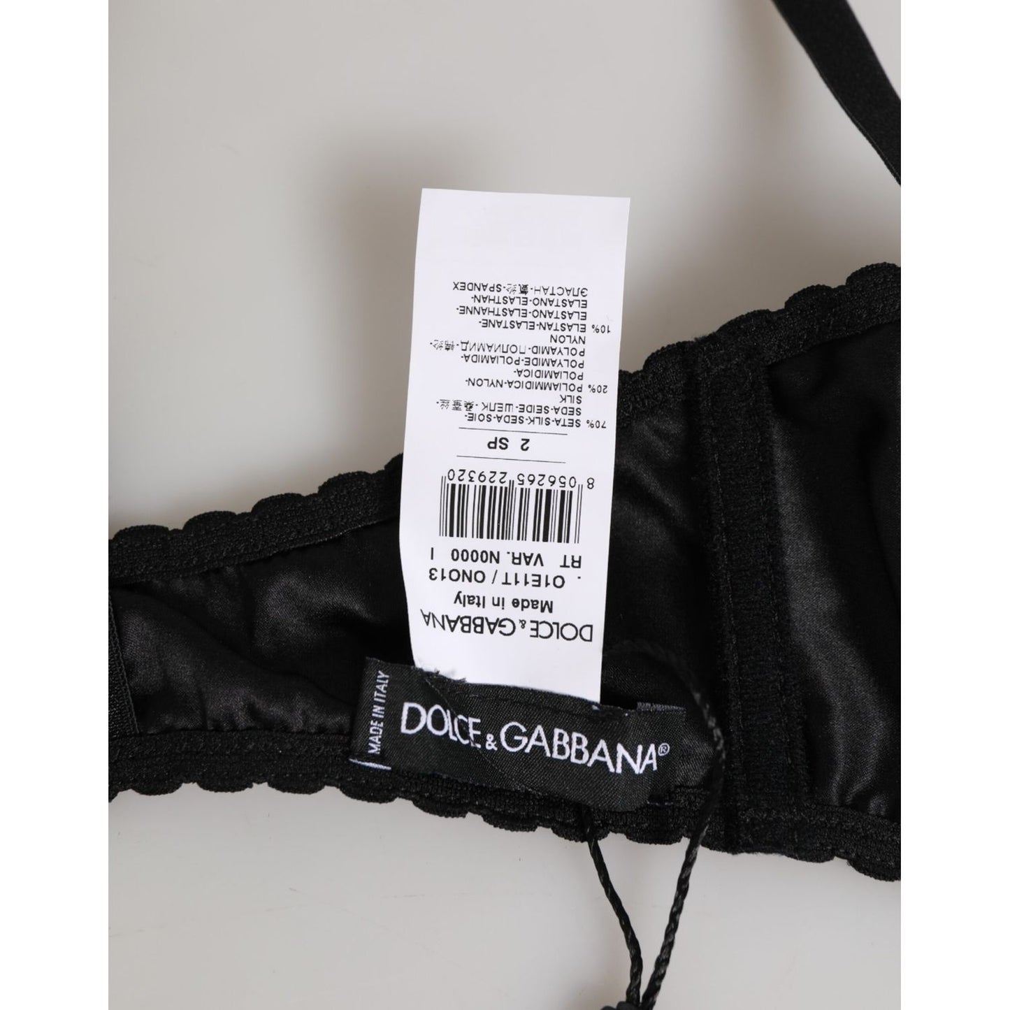 Dolce & Gabbana Black Silk Underwired Balconette Bra Underwear with tags showing logo and material details, made in Italy.