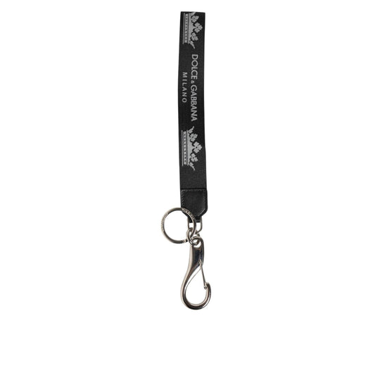 Dolce & Gabbana Black Silver Nylon DG Crown Men's Holder Keychain Keyring with black strap and silver hook clasp.