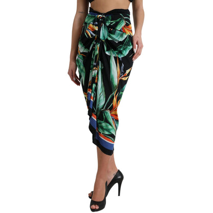 Dolce & Gabbana Black Strelitzia High Waist Wrap Midi Skirt