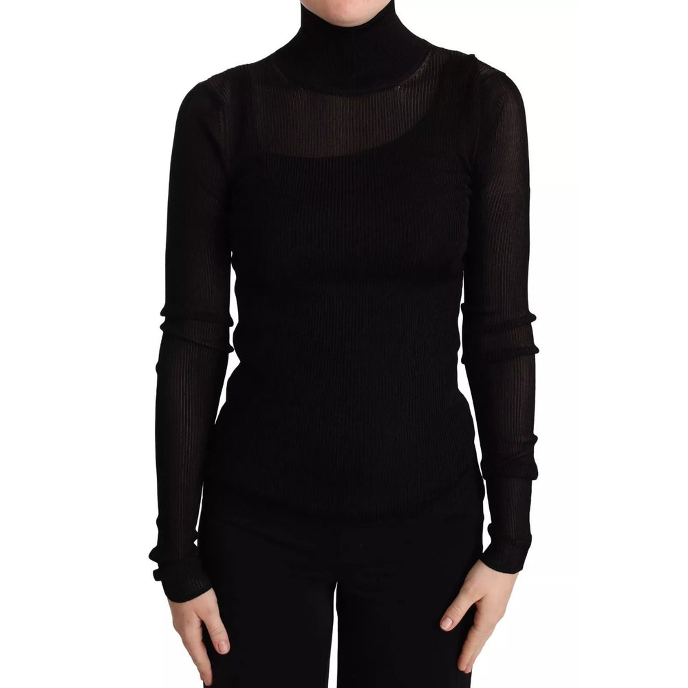 Dolce & Gabbana Black Turtleneck Form Fitting Pullover Sweater with ribbed knit design, worn by model, showcasing sleek silhouette.
