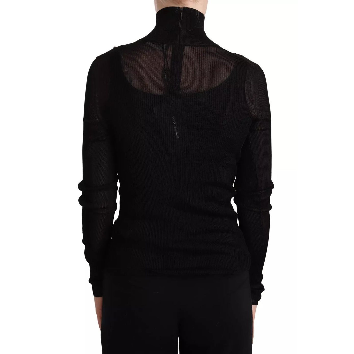 Dolce & Gabbana Black Turtleneck Form Fitting Pullover Sweater, back view showcasing translucent ribbed knit design.