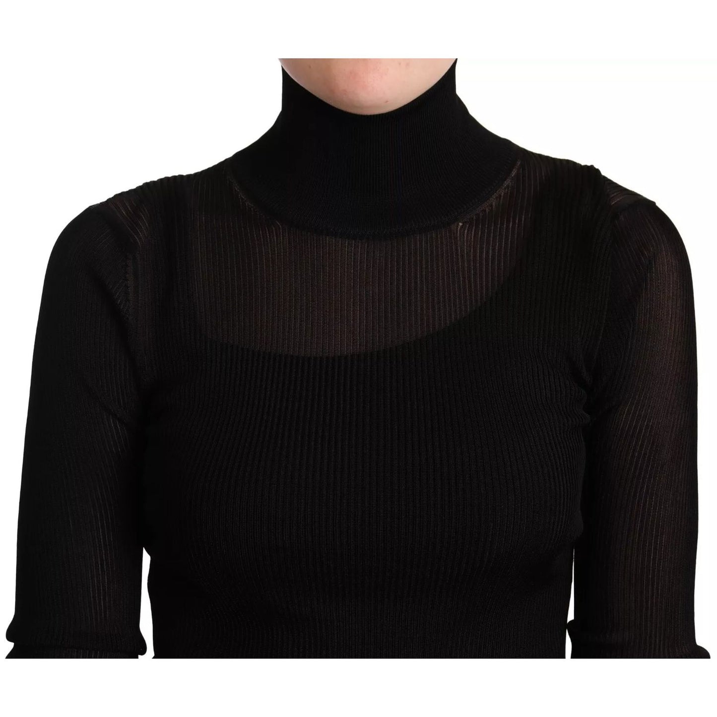 Dolce & Gabbana Black Turtleneck Form Fitting Pullover Sweater with ribbed knitwear made of viscose, minor defect, front view.