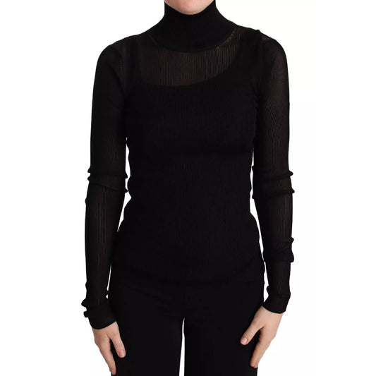 Dolce & Gabbana Black Turtleneck Form Fitting Pullover Sweater with ribbed knit design, worn by model, showcasing sleek silhouette.