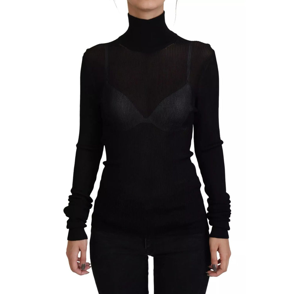 Dolce & Gabbana Black Turtleneck Slim Fit Pullover Sweater featuring a form-fitting design with ribbed knitwear and logo details, made in Italy.