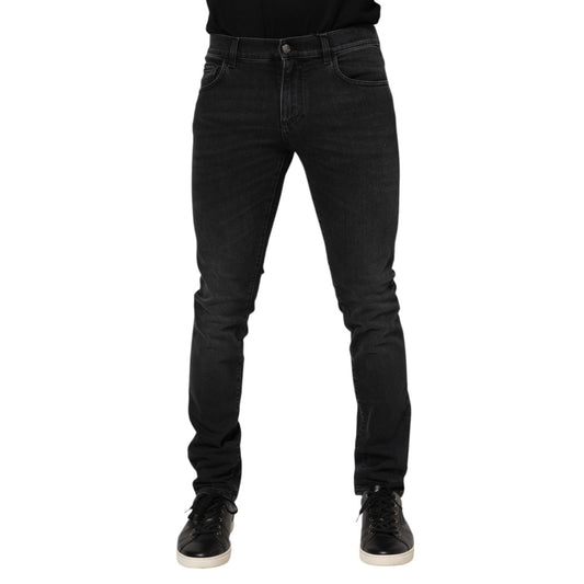 Dolce & Gabbana Black Washed Cotton Skinny Denim Jeans with zipper closure, logo details, made in Italy.