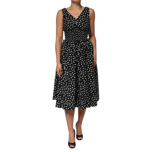 Dolce & Gabbana Black White Cotton Polka Dot Print V Neck Dress with chic silhouette