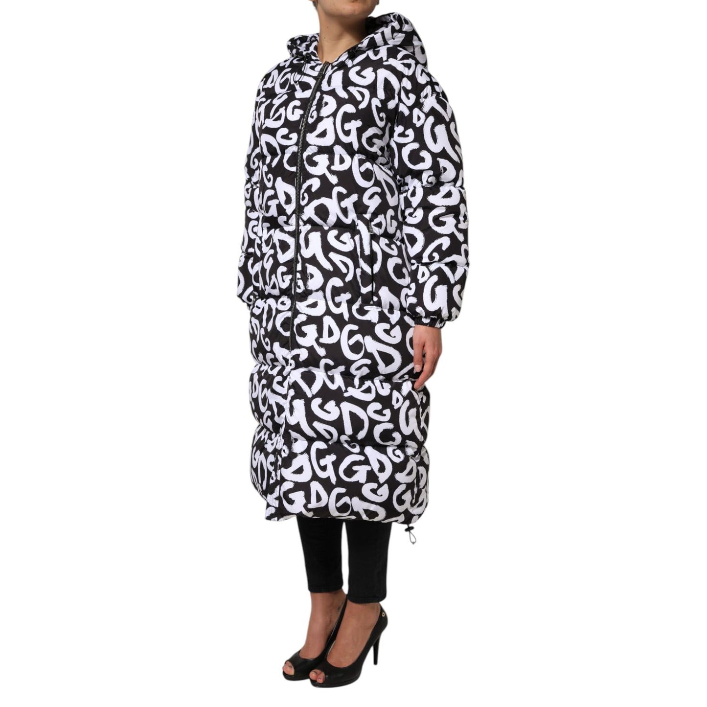 Dolce & Gabbana Black White DG Mania Hooded Long Coat Jacket