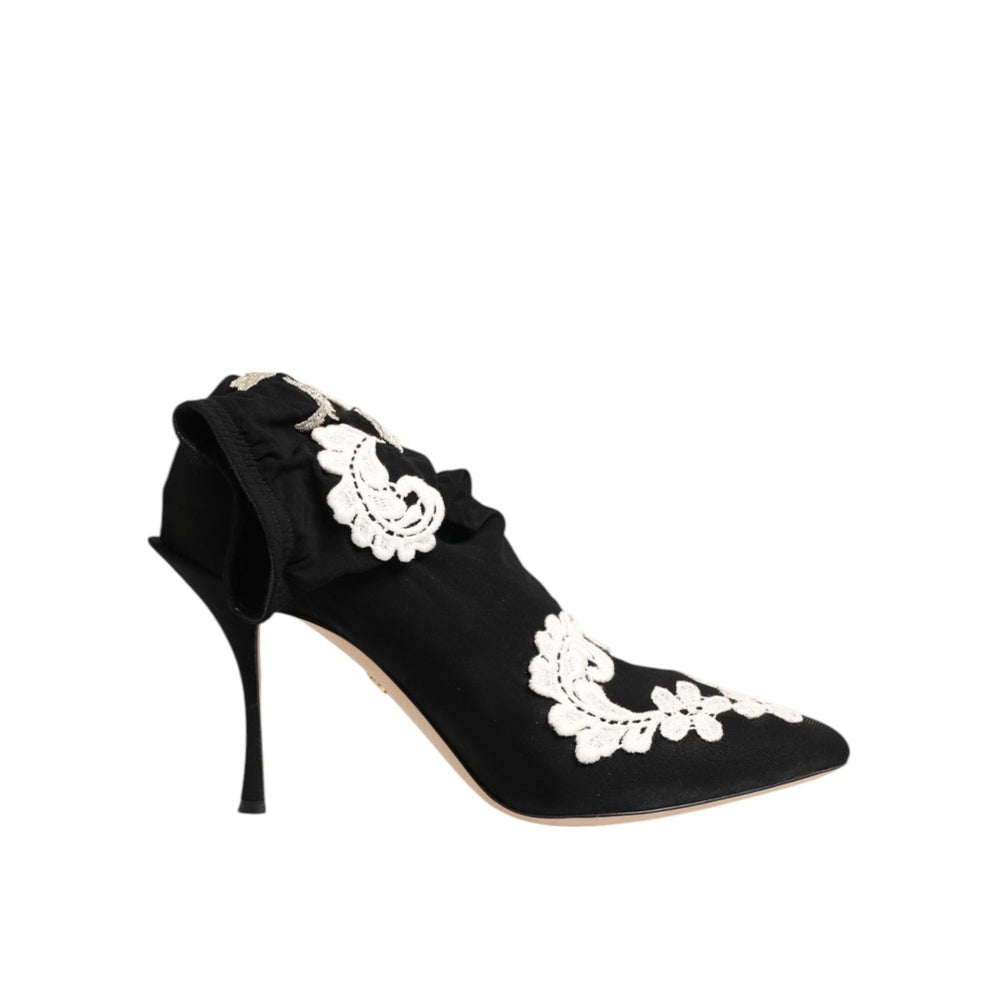 Dolce & Gabbana Black White Embroidered Jersey Stiletto Boots Shoes with floral design and pointed toe