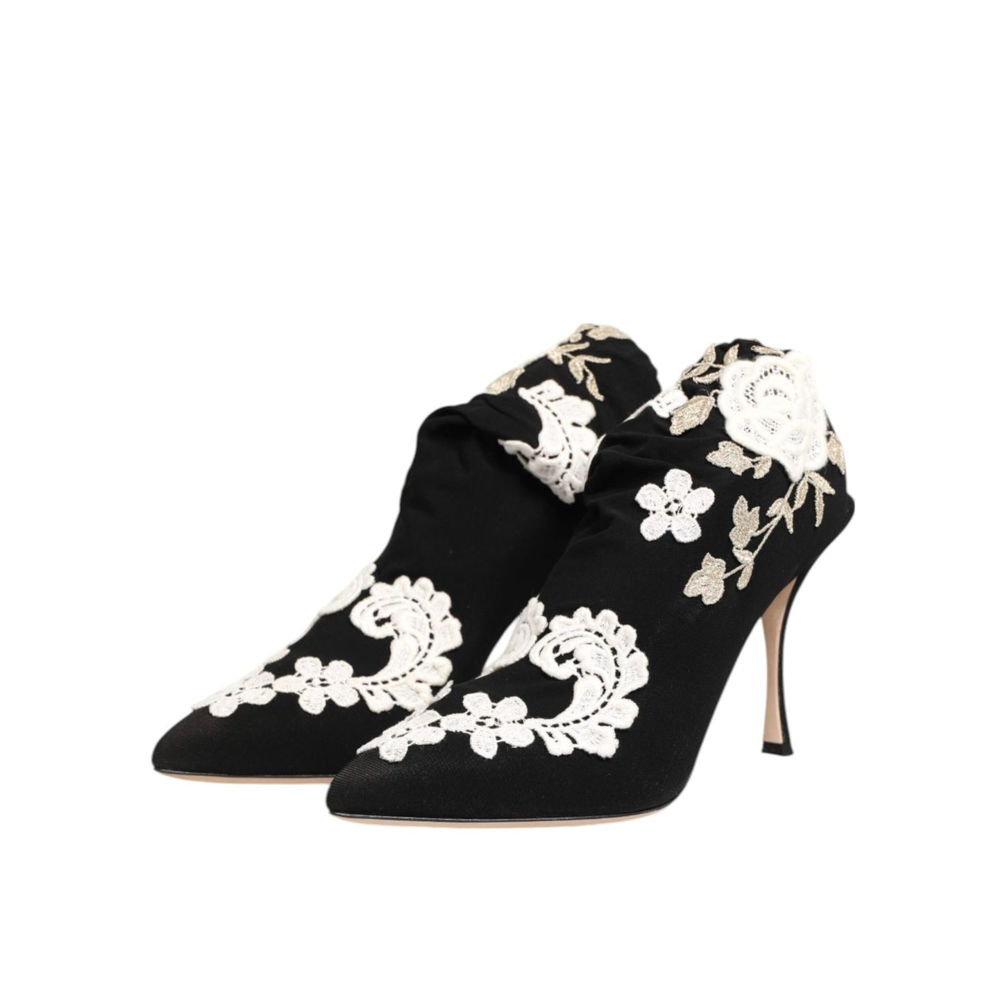 Dolce & Gabbana Black White Embroidered Jersey Stiletto Boots Shoes with floral design and slim stiletto heel.