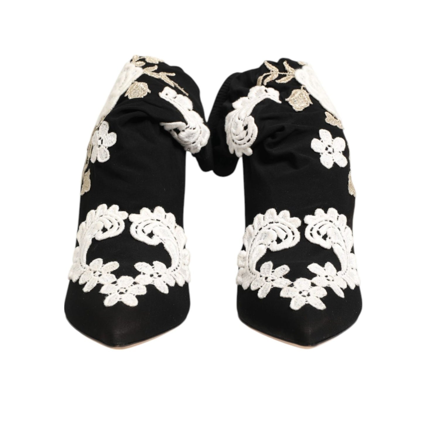 Dolce & Gabbana Black White Embroidered Jersey Stiletto Boots Shoes with floral design, pointed-toe and stiletto heel.