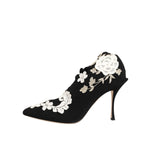 Dolce & Gabbana Black White Embroidered Jersey Stiletto Boots Shoes with floral design and slim pointed toe heel.