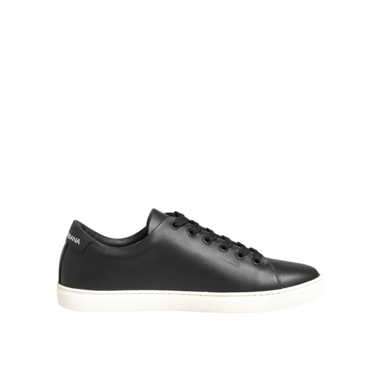Dolce & Gabbana Black White Leather Crystal Heart Sneakers Shoes with red crystal heart patch on sleek black leather