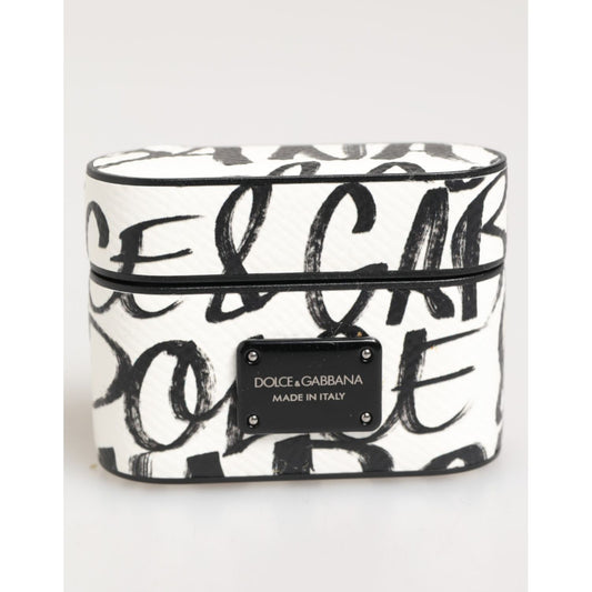 Dolce & Gabbana Black White Leather Monogram Print Logo Holder Airpods Case