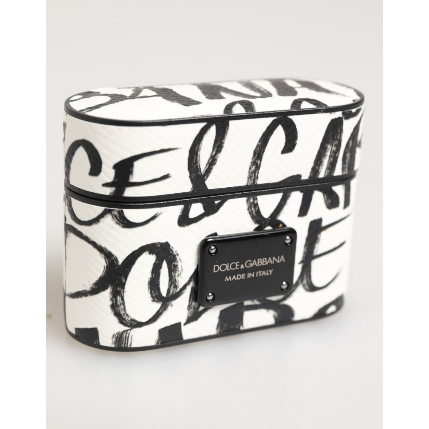 Dolce & Gabbana Black White Leather Monogram Print Logo Holder Airpods Case, luxury accessory, premium leather design.