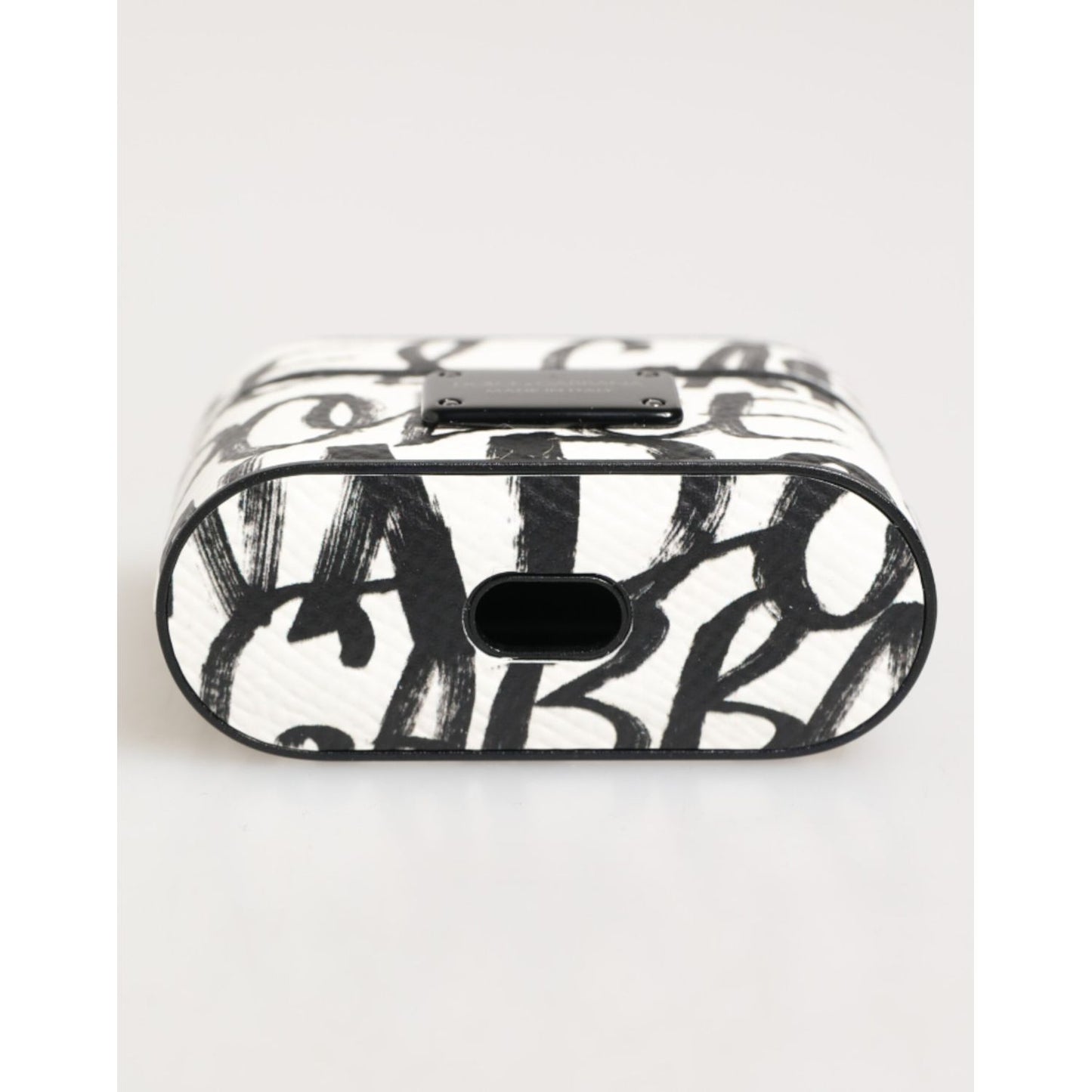 Dolce & Gabbana Black White Leather Monogram Print Logo Holder Airpods Case stylishly crafted for elegant protection.