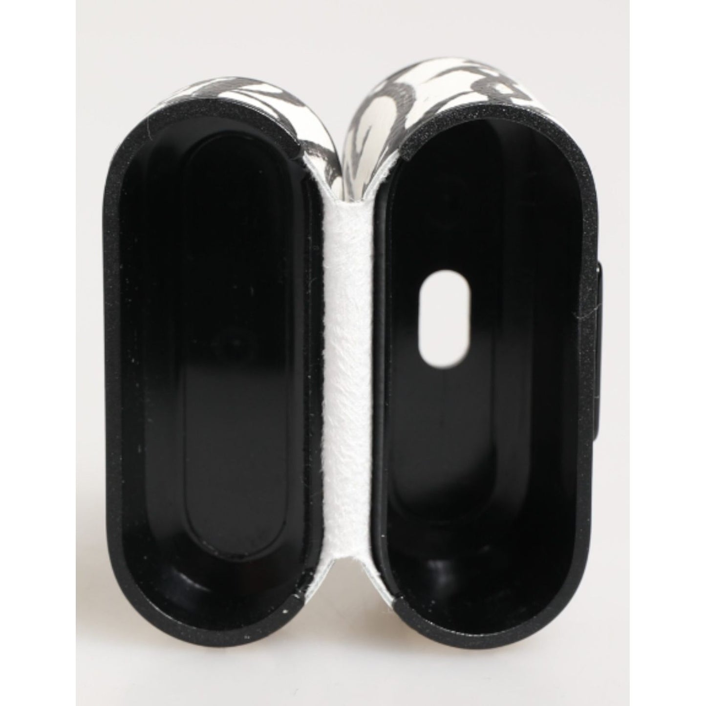 Dolce & Gabbana Black White Leather Monogram Print Logo Holder Airpods Case open view showcasing interior design.