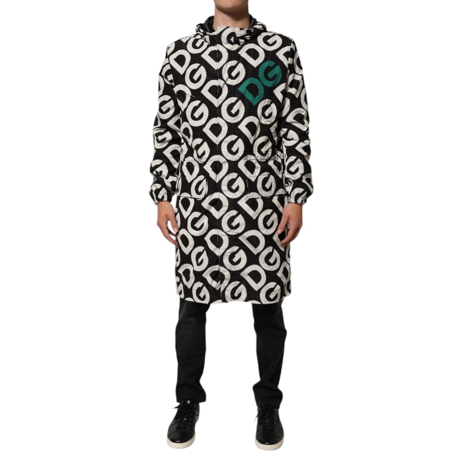 Dolce & Gabbana Black White Logo Print Hooded Coat Men Jacket
