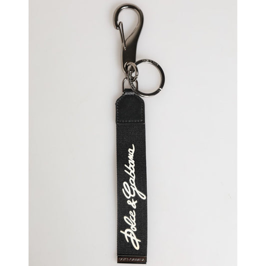Dolce & Gabbana Black White Polyester DG Logo Silver Men Keychain Keyring with sleek modern design and logo detail.