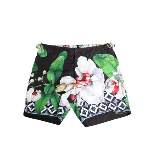 Dolce & Gabbana Black White Polyester Floral Orchid Print Shorts