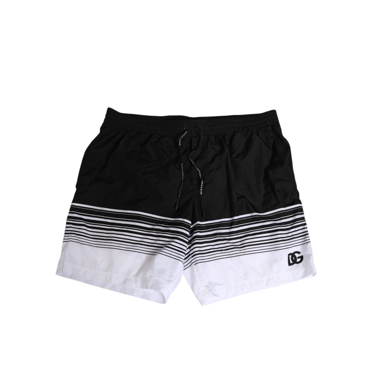Dolce & Gabbana Black White Striped DG Logo Men Short Swimwear with elastic waistband and drawstring closure.