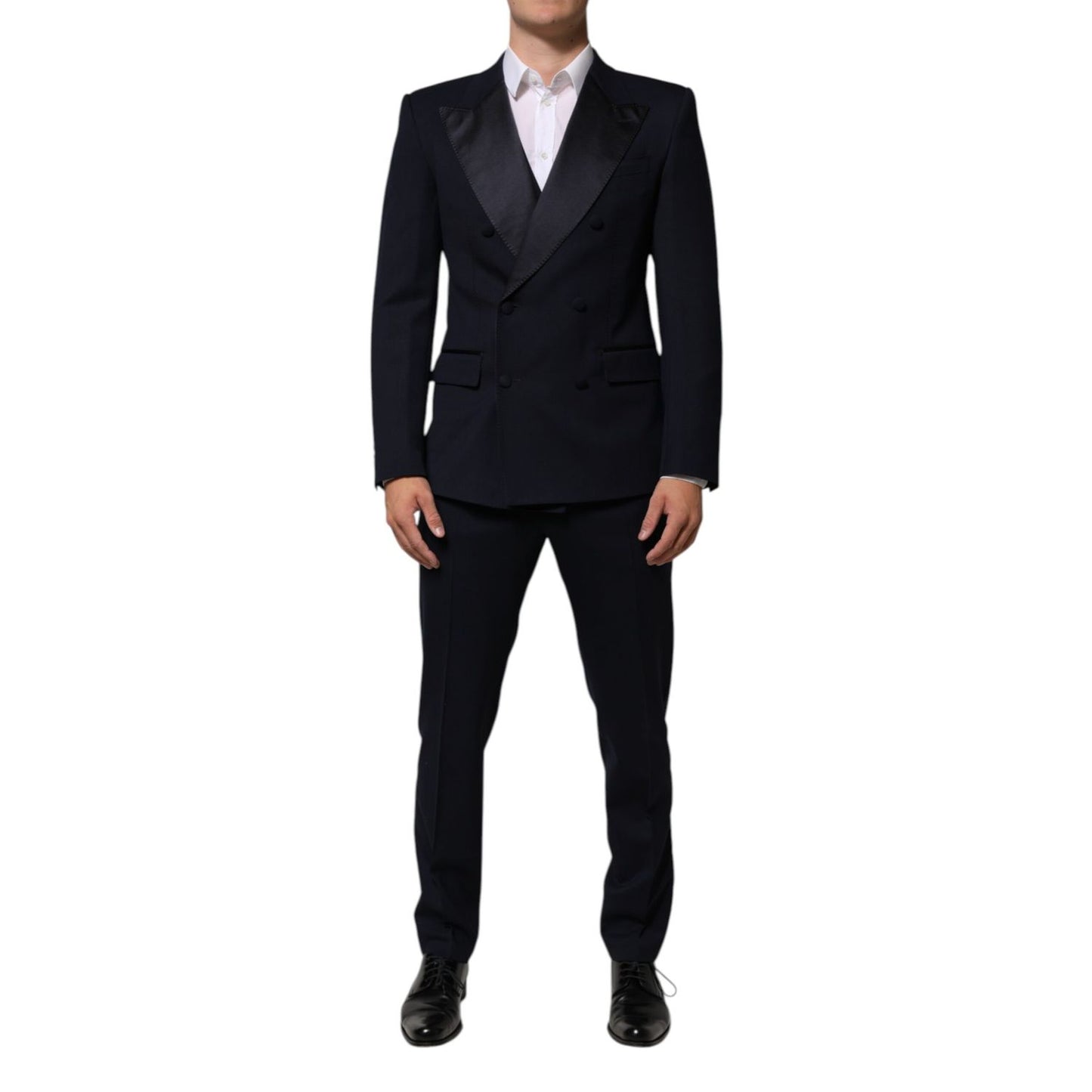 Dolce & Gabbana Black Wool 3 Piece Slim Fit Formal Men Suit with satin details, showcasing a tailored tuxedo jacket, vest, and trousers.