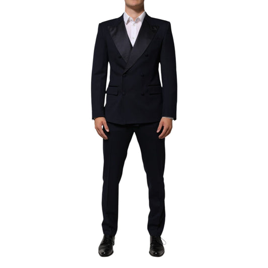 Dolce & Gabbana Black Wool 3 Piece Slim Fit Formal Men Suit with satin details, showcasing a tailored tuxedo jacket, vest, and trousers.