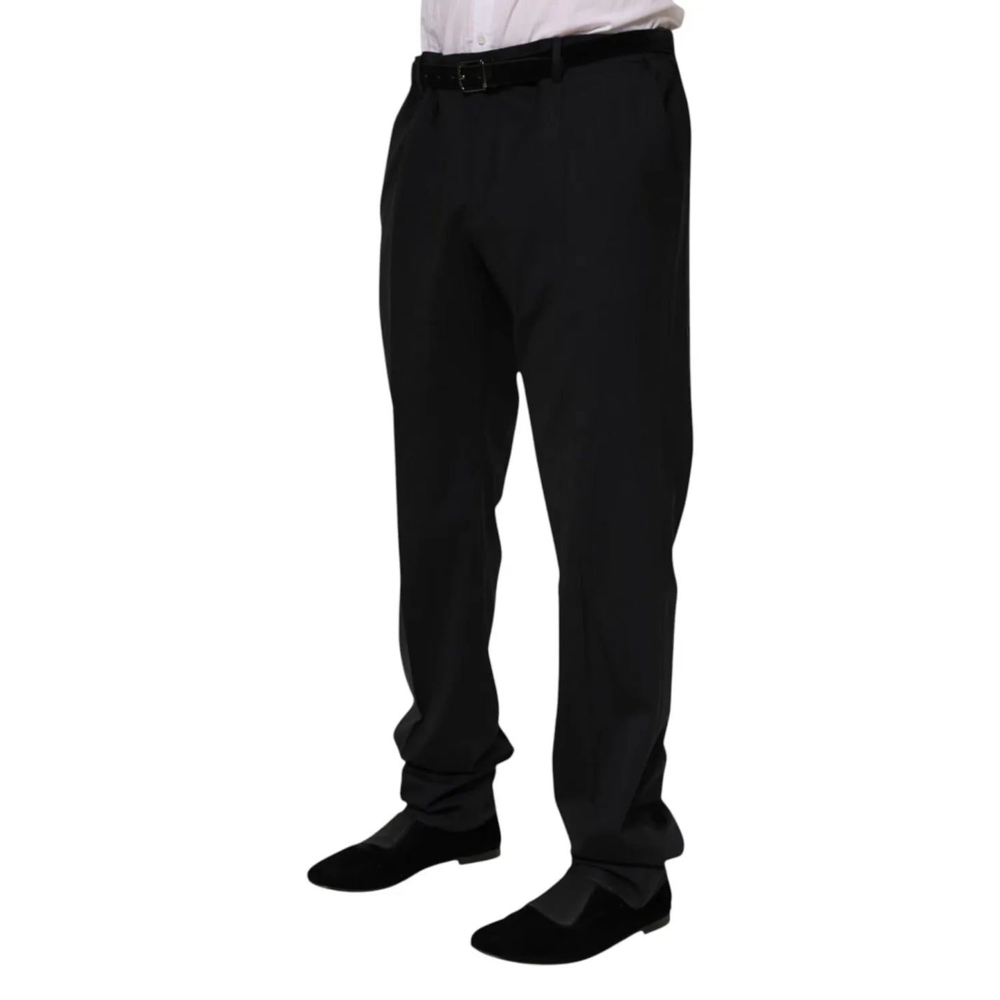 Dolce & Gabbana Black Wool Formal Dress Men Trousers Pants with zipper closure and logo details, made in Italy.