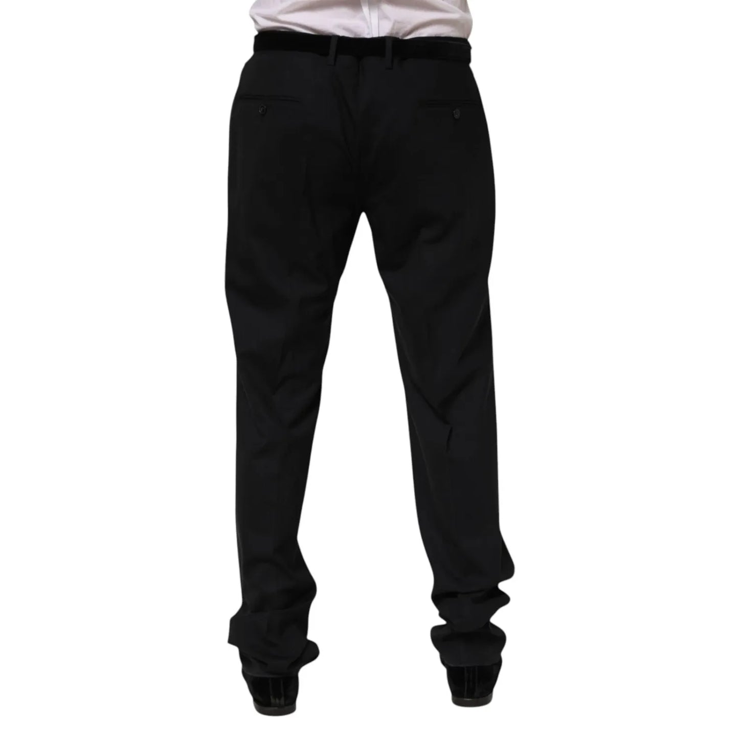Dolce & Gabbana Black Wool Formal Dress Men Trousers Pants, rear view, featuring zipper closure and logo details, made in Italy.