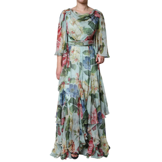 Dolce & Gabbana Blue Floral Print Tiered Long Maxi Dress DR281188-38