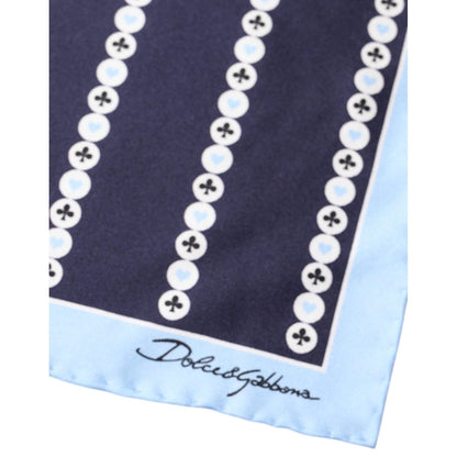 Dolce & Gabbana Blue Heart Spade Silk Handkerchief Scarf with logo detail, featuring blue and black design. Luxury Italian fashion accessory.