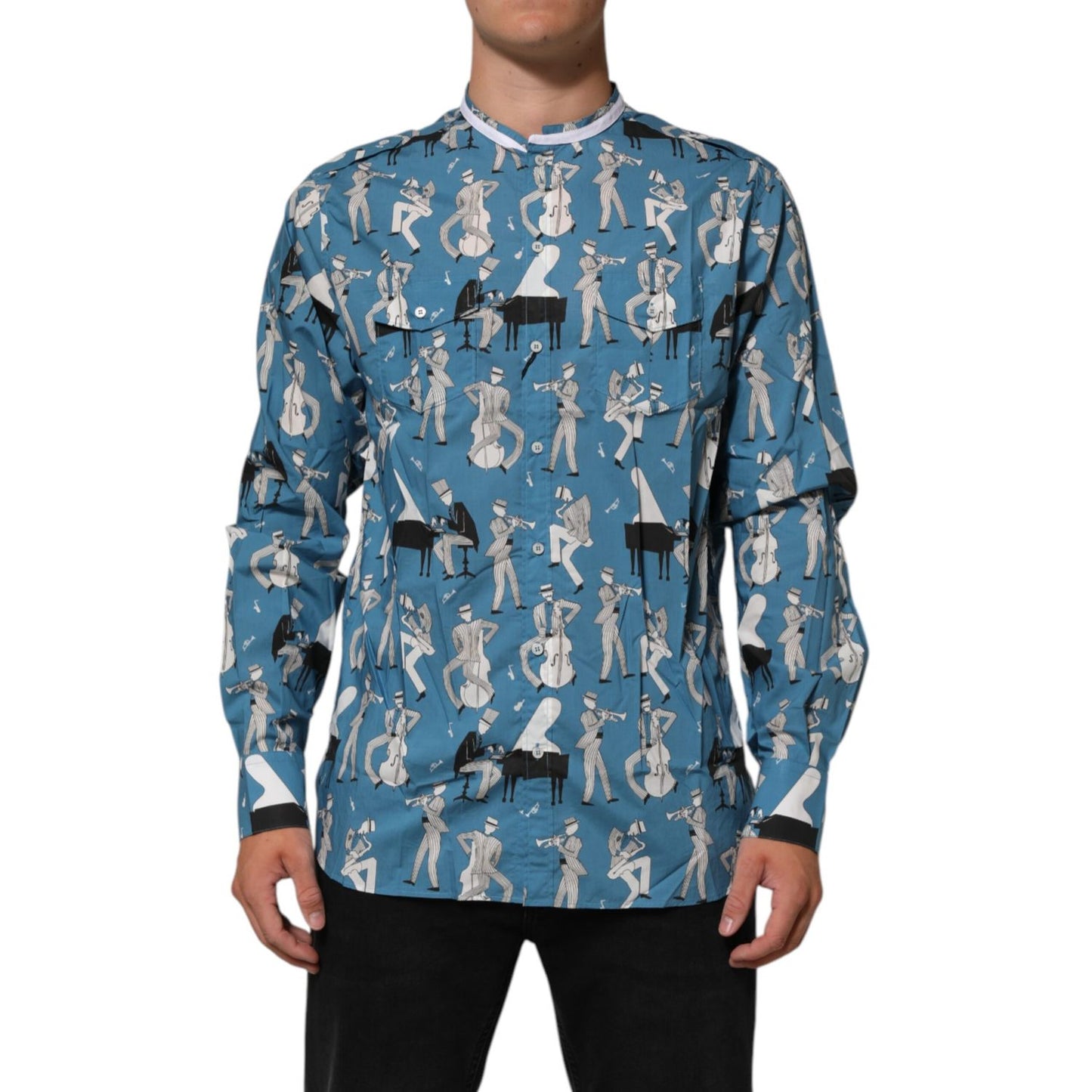 Dolce & Gabbana Blue Jazz Printed Cotton Button Front Shirt with artistic jazz-inspired design.