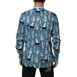 Dolce & Gabbana Blue Jazz Printed Cotton Button Front Shirt featuring jazz musicians, rear view of stylish long sleeve design.