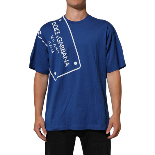 Dolce & Gabbana Blue Logo Print Cotton Crew Neck Men T-shirt featuring signature logo and short sleeves.